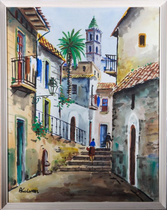 A. Colomer - 20th Century Watercolour, Vibrant Street Scene