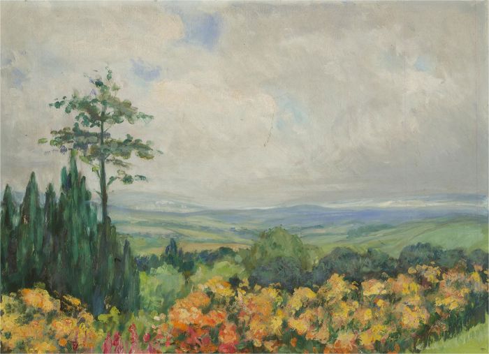 20th Century Oil - Landscape Scene with Vibrant Flowers