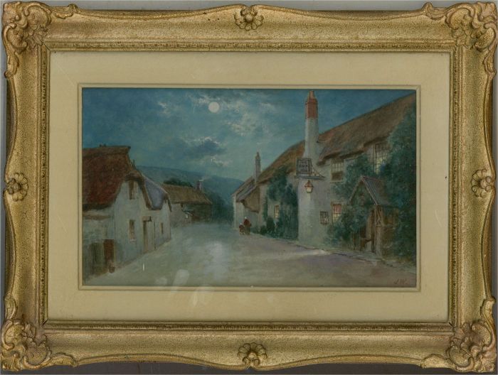 J. Wilson - Early 20th Century Watercolour, Porlock Village by Moonlight