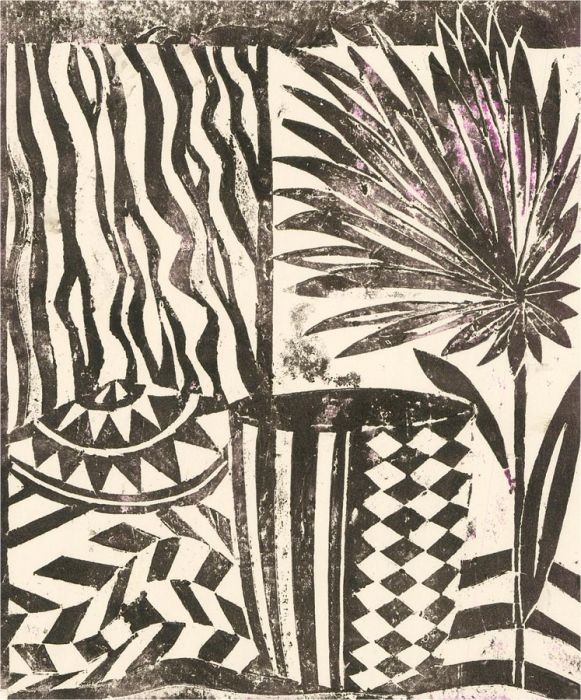 Eddie Bianchi (fl.1975-95) - Contemporary Woodcut, Geometric Cup And Palm Leaf