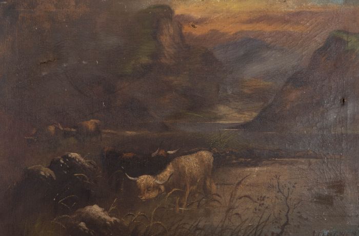 For Restoration - J. Elderman - Early 20th Century Oil, Highland Cattle