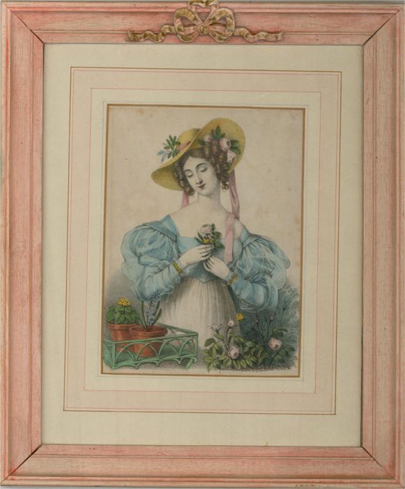 Mid 19th Century Lithograph - Lady and Pink Rose