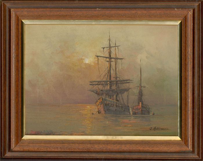 J. Hutchinson - Contemporary Oil, Ship Under A Fiery Sun