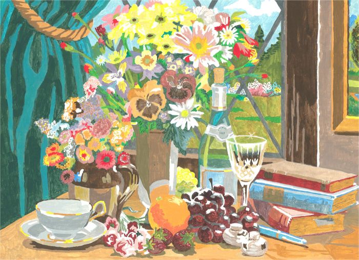 Contemporary Gouache - A Table with Flowers and Fruit