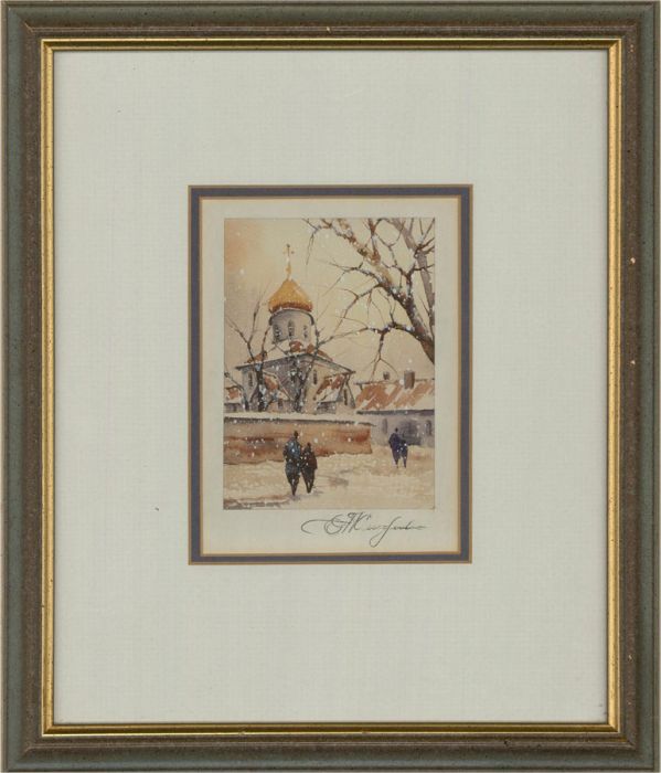 20th Century Watercolour - Russian Church In The Snow