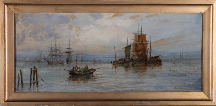 S. Harrison - Early 20th Century Oil, ships at Harbour