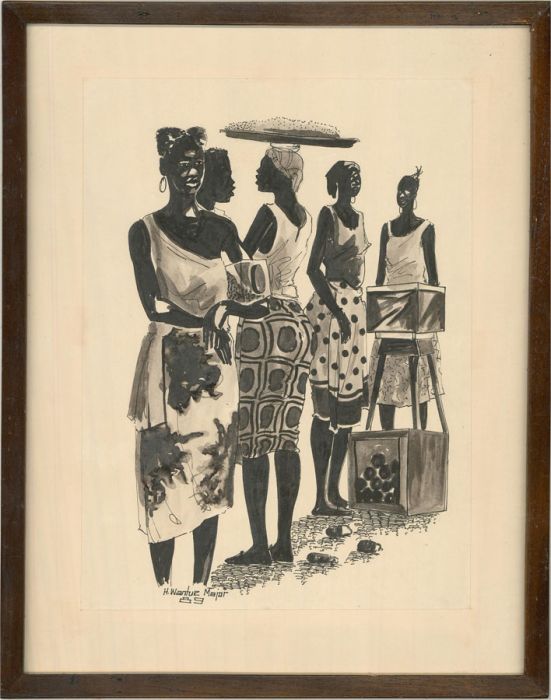 H. Wantue Major - 1989 Pen and Ink Drawing, Women At Market