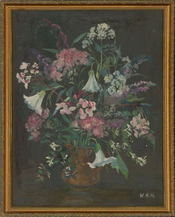W.M.H. - Contemporary Oil, Delicate Flowers in Brown Vase
