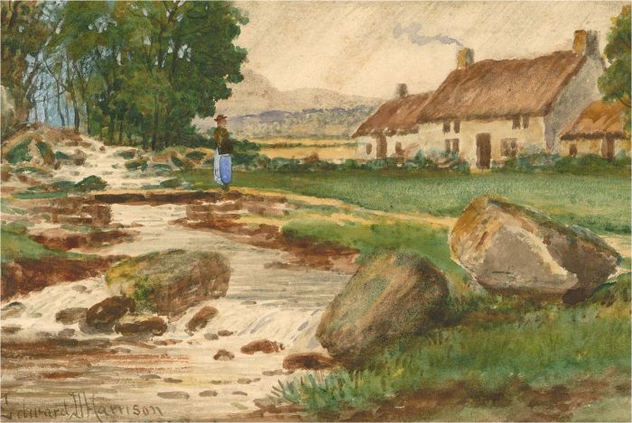 Edward D. Harrison - Late 19th Century Watercolour, Cottages by the Stream