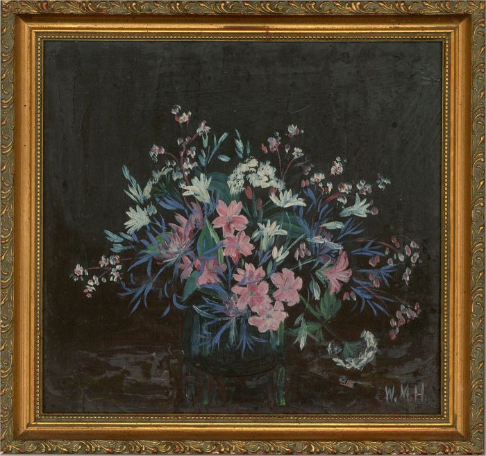 W. M. H - Contemporary Oil, Flowers In Pink And Blue