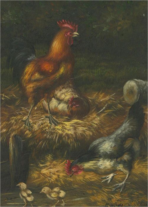 After Edgar Hunt (1876-1953) - Early 20th Century Oil, Mother Hen And Her Chicks