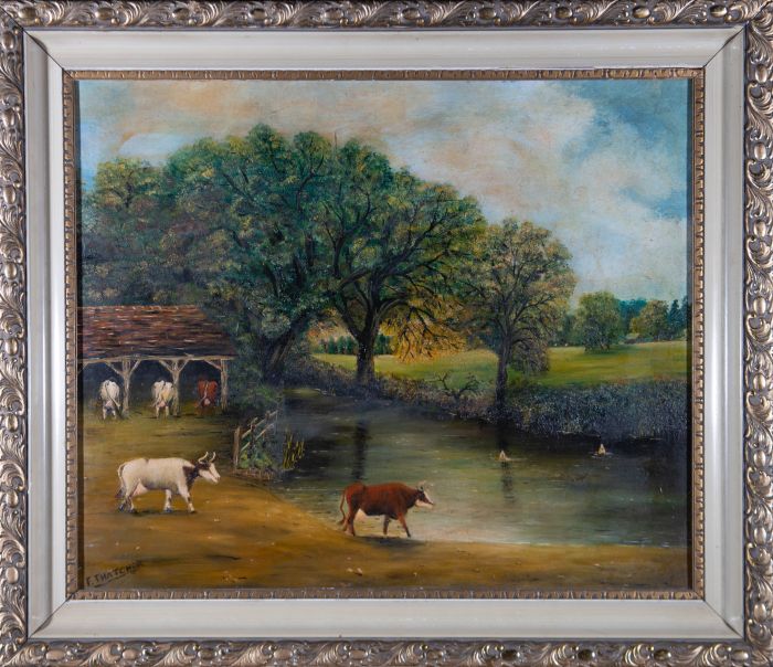 F. Thatcher - Signed Early 20th Century Oil, Cattle at the Ford