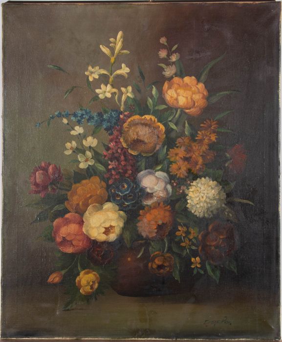 Mid 20th Century Oil - Roses and Delphiniums