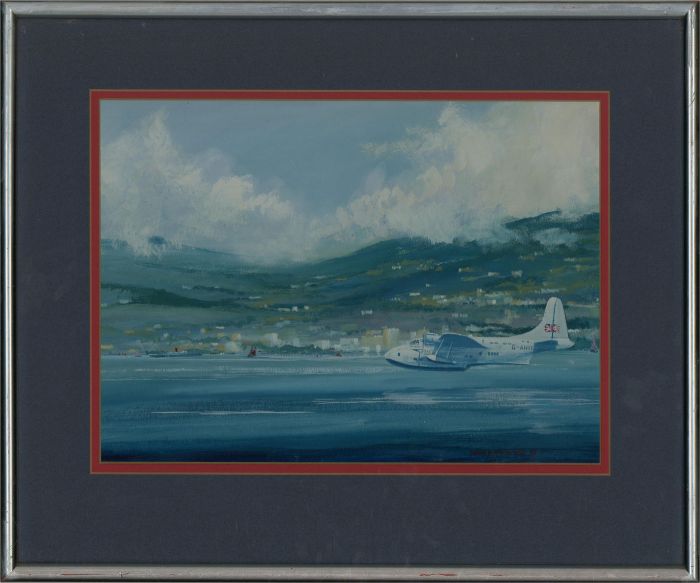 Hugh K. Harwood - 1981 Gouache, Scene with BOAC Seaplane