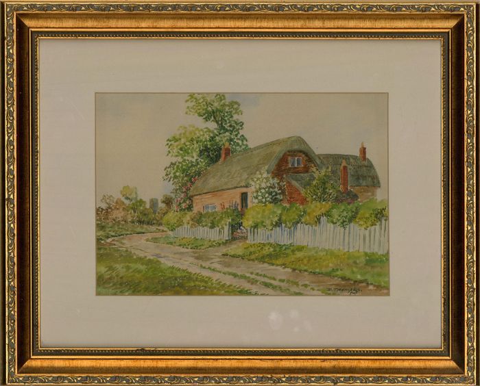 D. Thompson - 1945 Watercolour, Thatched Country Cottage