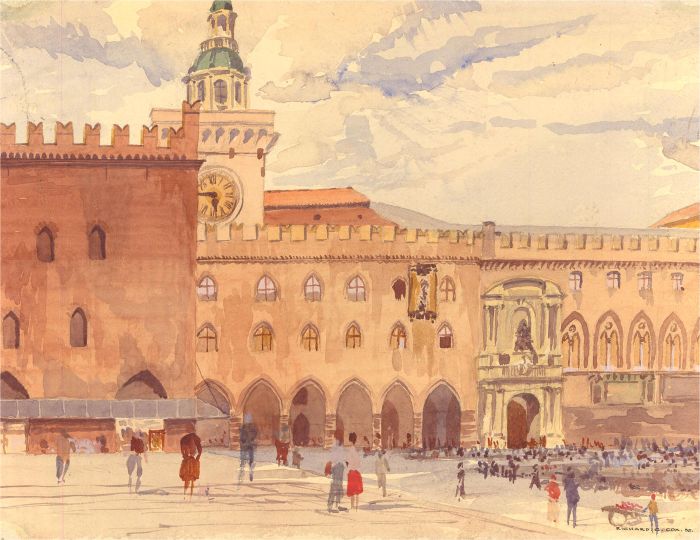 Richard G. Cox - 1955 Watercolour, Piazza Maggiore, Bologna