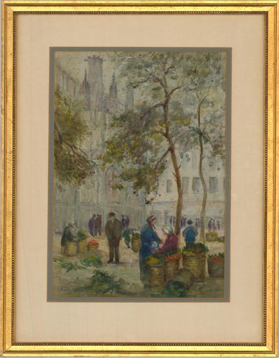 Arthur Gibson - Early 20th Century Watercolour, Market in a Church Courtyard