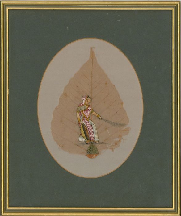 Late 19thC Watercolour - Pair of Indian Miniature Portraits on Leaf Skeletons