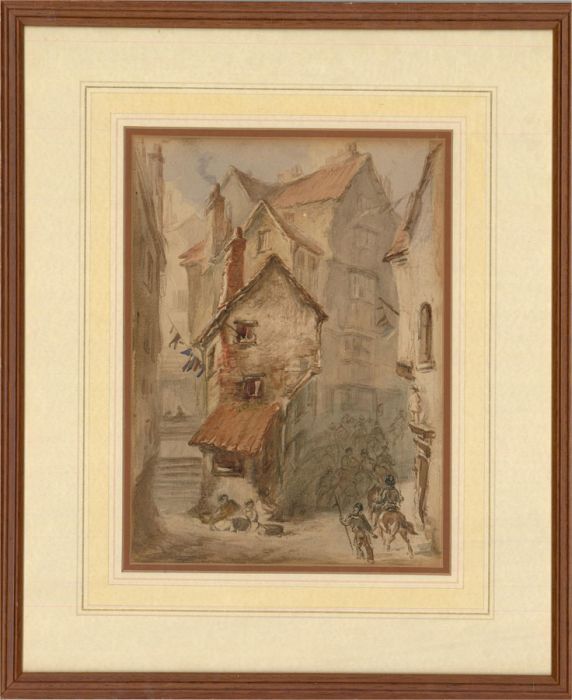 Early 20th Century Watercolour - Cavalry in a Historic Street