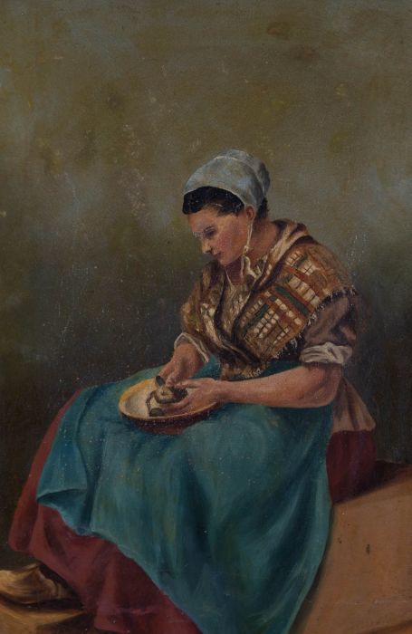 Early 20th Century Oil - Dutch Girl Peeling Apples