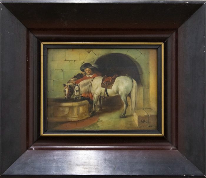 Jerzy Ekowski - 1986 Oil, Horses Drinking in the Courtyard
