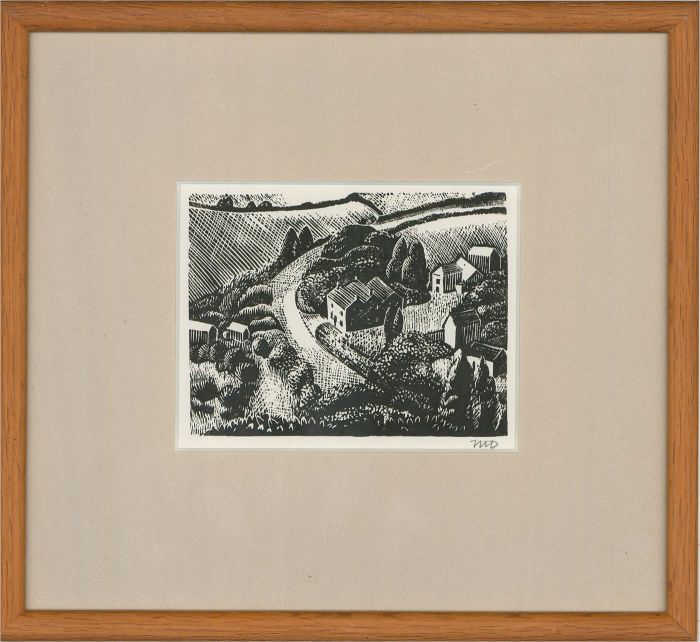Marcus Deans - Mid 20th Century Woodcut, Houses In The Valley
