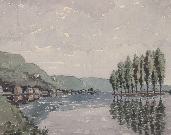 20th Century Watercolour - Landscape View with Tree Reflections