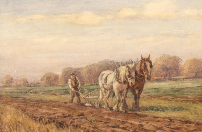 Early 20th Century Watercolour - Ploughing the Fields