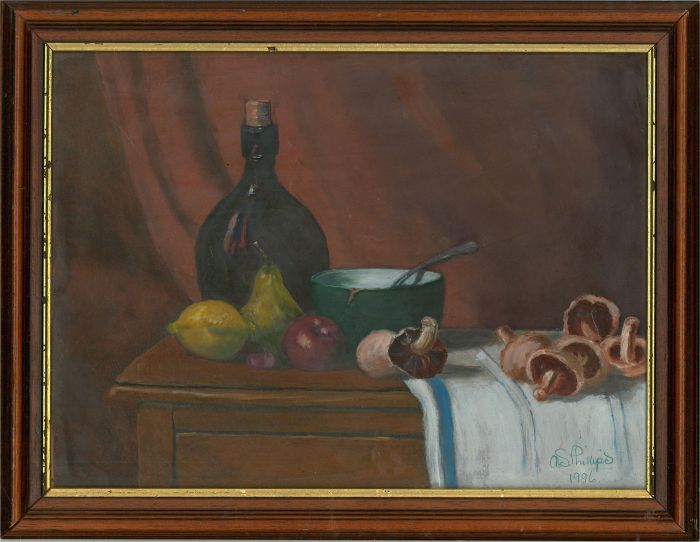 A.S. Phillips - 1996 Oil, Still Life with Bottle, Fruit and Mushrooms