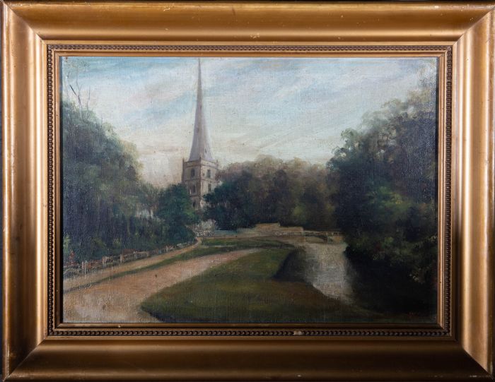 W.T.W. - Late 19th Century Oil, Church by the River