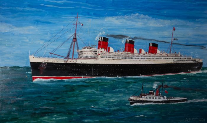 R.C. Bottriell - 1993 Acrylic, RMS Queen Mary and Tug