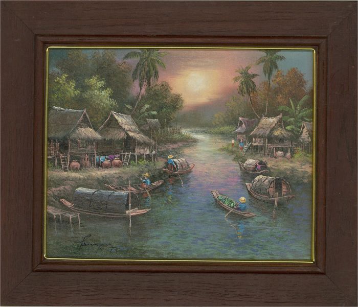 20th Century Oil - Thai Village River Scene