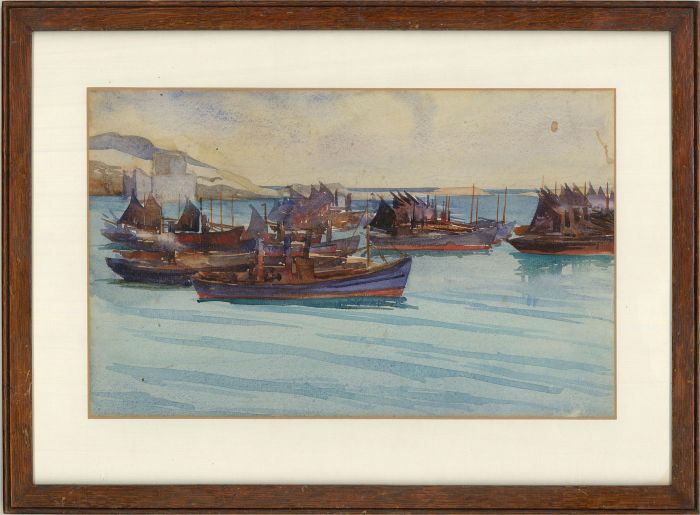 Mid 20th Century Watercolour - Coastal Scene with Fishing Boats