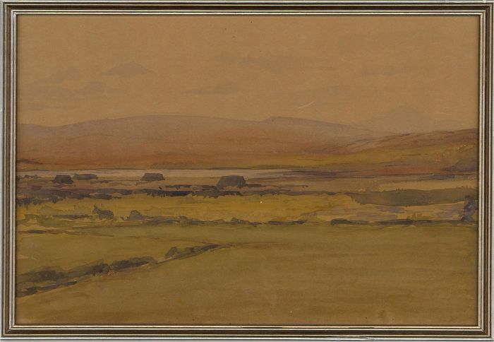 Mid 20th Century Watercolour - Fields and Lake