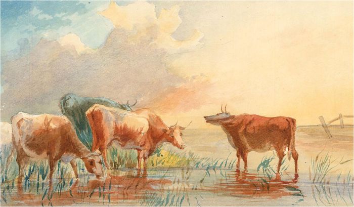 Early 20th Century Watercolour - Cattle at the River