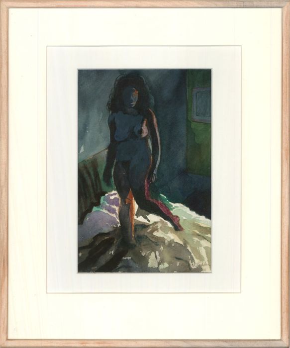 Rod Walker - Contemporary Watercolour, Nude Standing on a Bed
