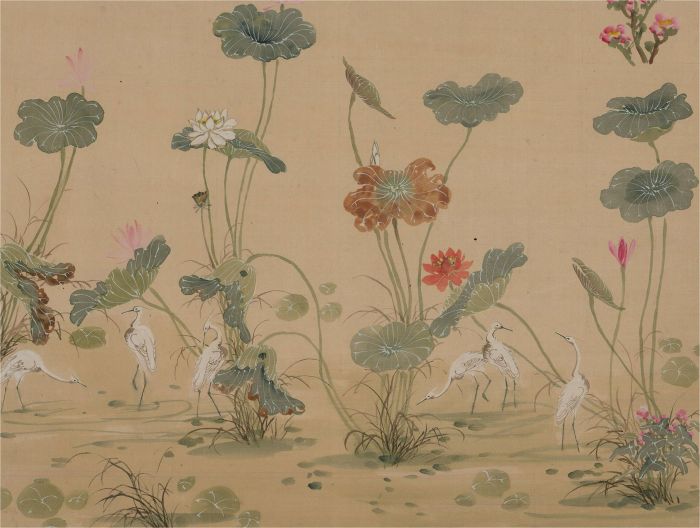 20th Century Watercolour - Herons And Lotus Flowers