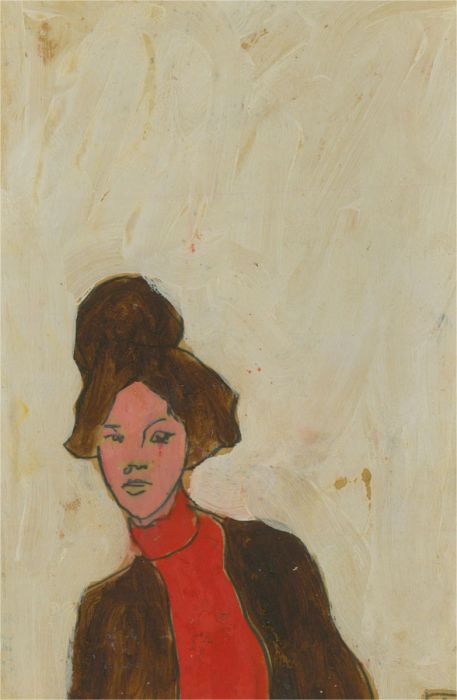 Ben Carrivick - Contemporary Oil, Figure in Red Turtleneck and Brown Coat