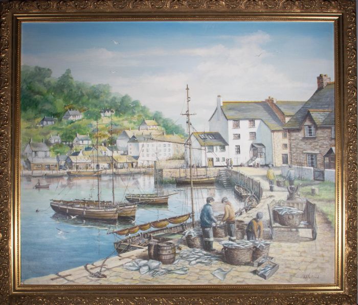 M.M. Sullivan - Large Contemporary Oil, Fishermen at the Harbour