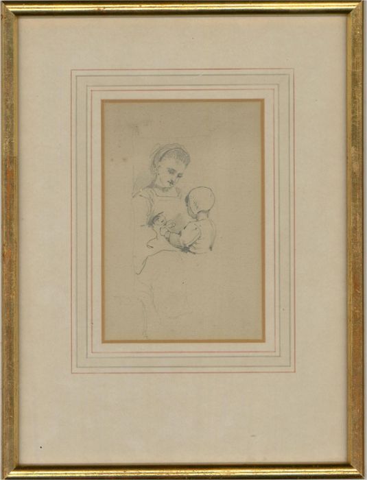 Late 19th Century Graphite Drawing - Mother, Child And Kitten