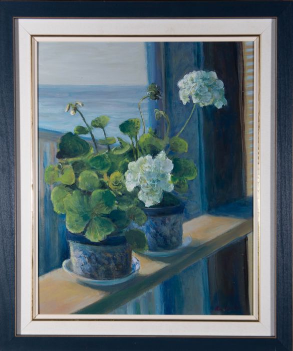 Contemporary Oil - Geraniums In Blue