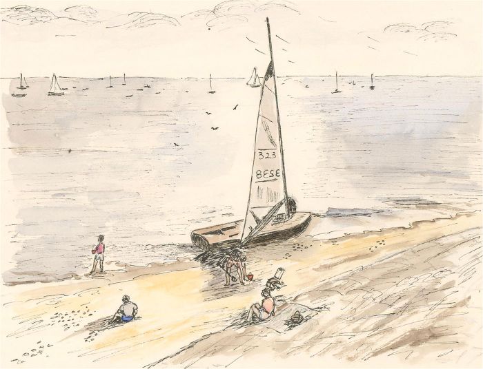 Sylvia Grottick - 20th Century Pen and Ink Drawing, Sailing Boats from the Beach