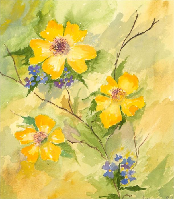 Sylvia Grottick - 1983 Watercolour, Yellow and Blue Flowers