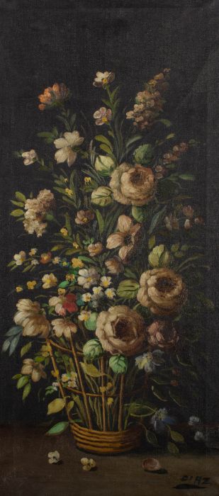 H. Z.  - Mid 20th Century Oil, Wicker Basket Arrangement