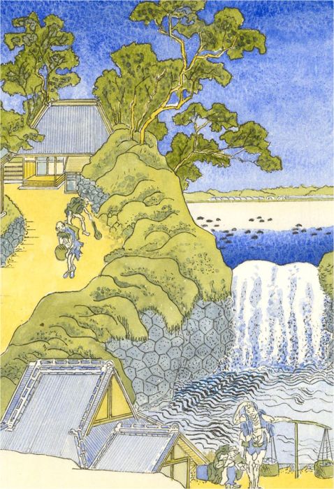 After Hokusai - 20th Century Watercolour, Aoigaoka Waterfall