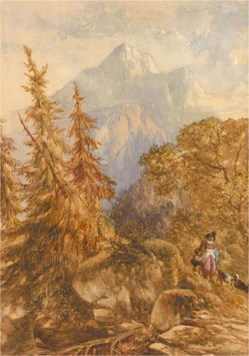 Mid 19th Century Watercolour - Alpine Landscape with Goats