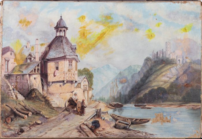 For Restoration Early 20th Century Oil - Mountainous Town with Figures