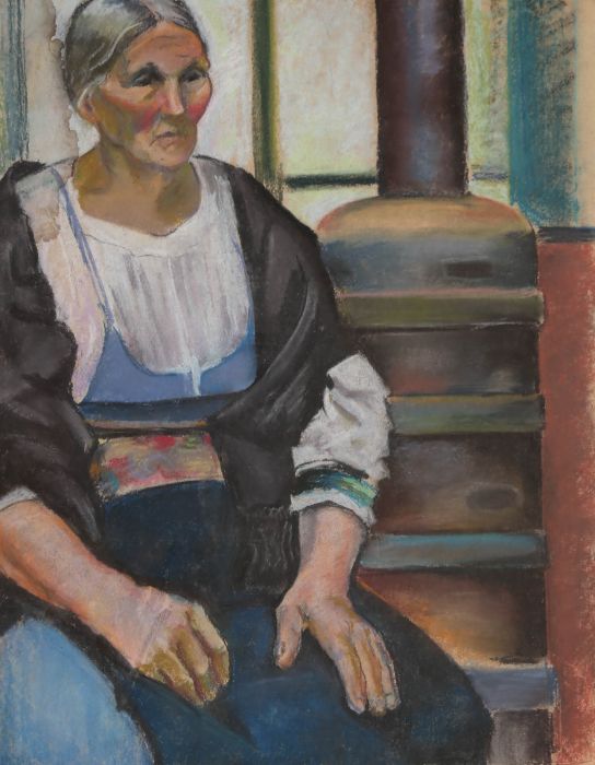 French Early 20th Century Pastel - Sitting By The Stove
