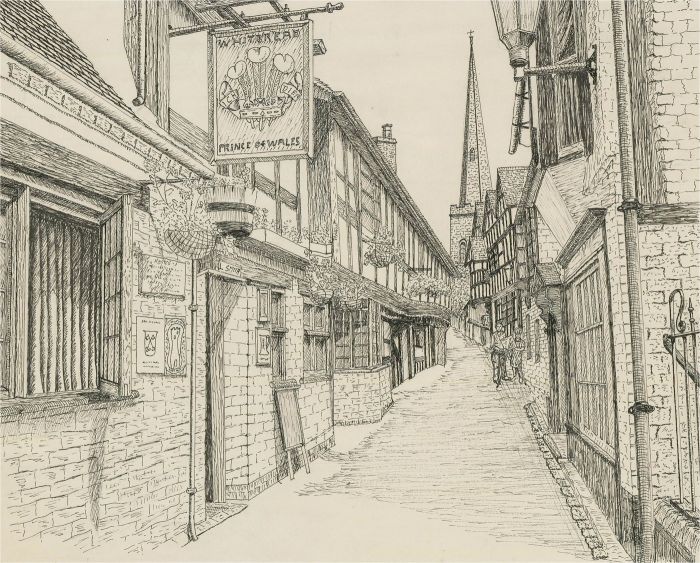N.K. Day - 2001 Pen and Ink Drawing, Church Lane, Ledbury
