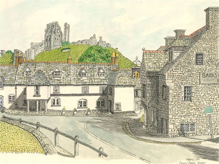 N.K. Day - 1997 Pen and Ink Drawing, Corfe Castle, Dorset